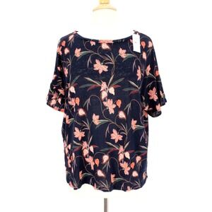 NWT Loft Linen Top Blouse Size XL Navy Orange Floral ‎ Ruffle Short Sleeve